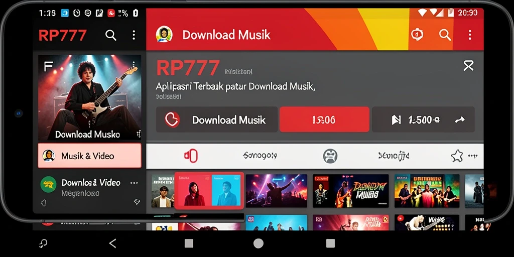 Tampilan utama aplikasi RP777 menampilkan fitur Download Musik yang user-friendly.